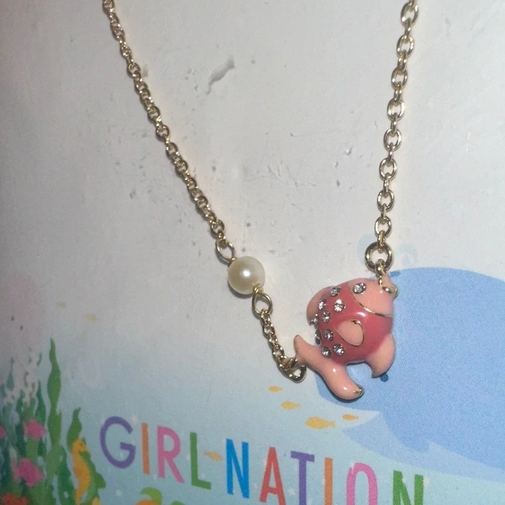 Girl Nation 14K Gold Plated Pink Enamel Fish Crystal Necklace Hypoallergenic